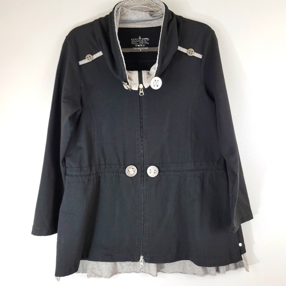 NEON BUDDHA black cotton cowl neck zip front cinchable sweatshirt jacket